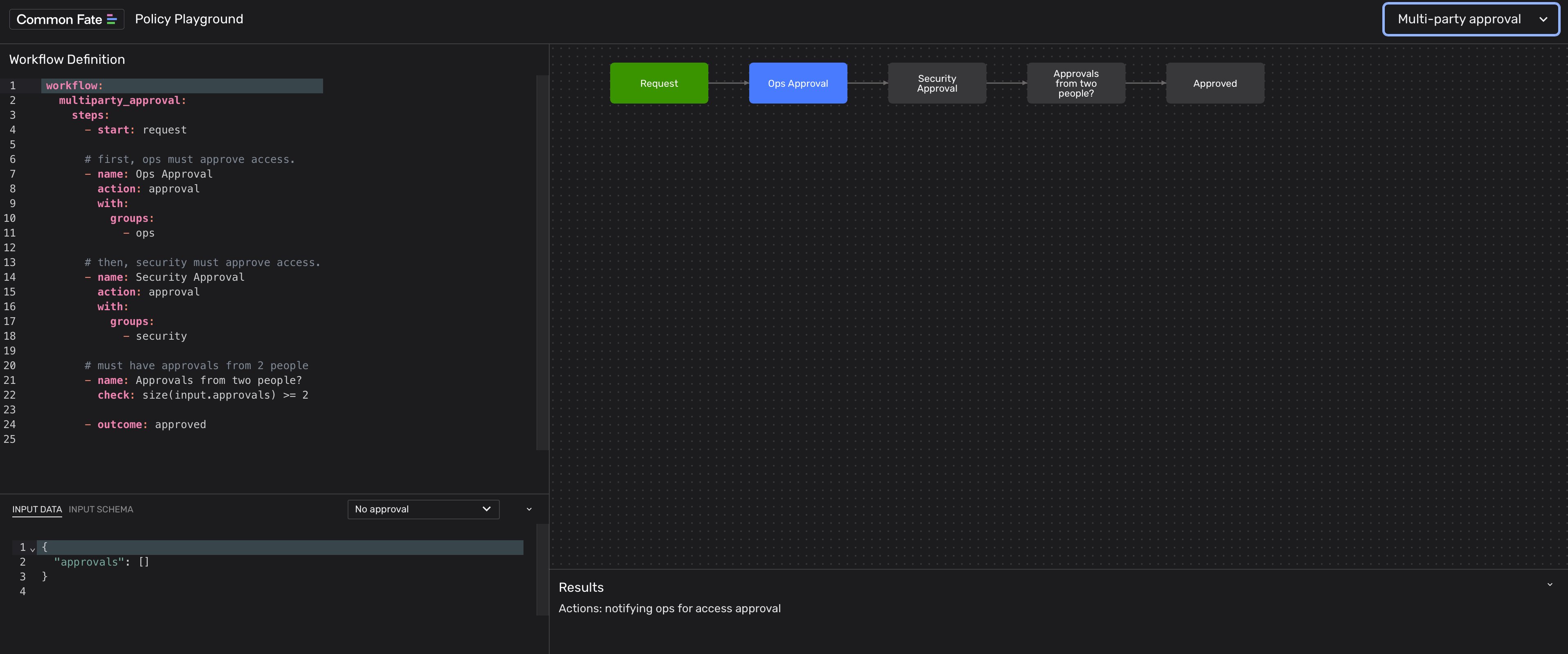 A screenshot showing a proof of concept of the Approval Policy Engine