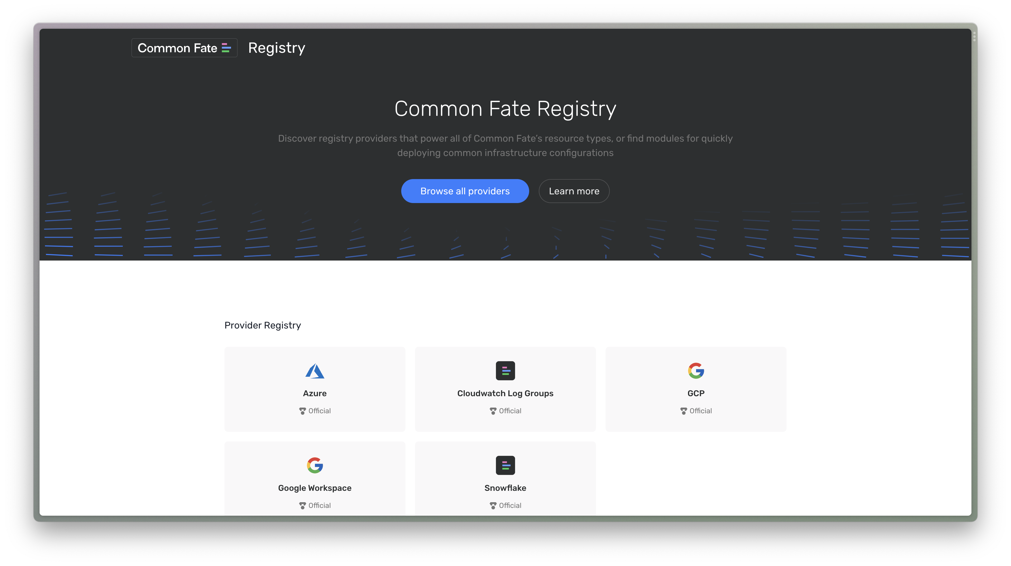 A screenshot showing Common Fate's Provider Registry
