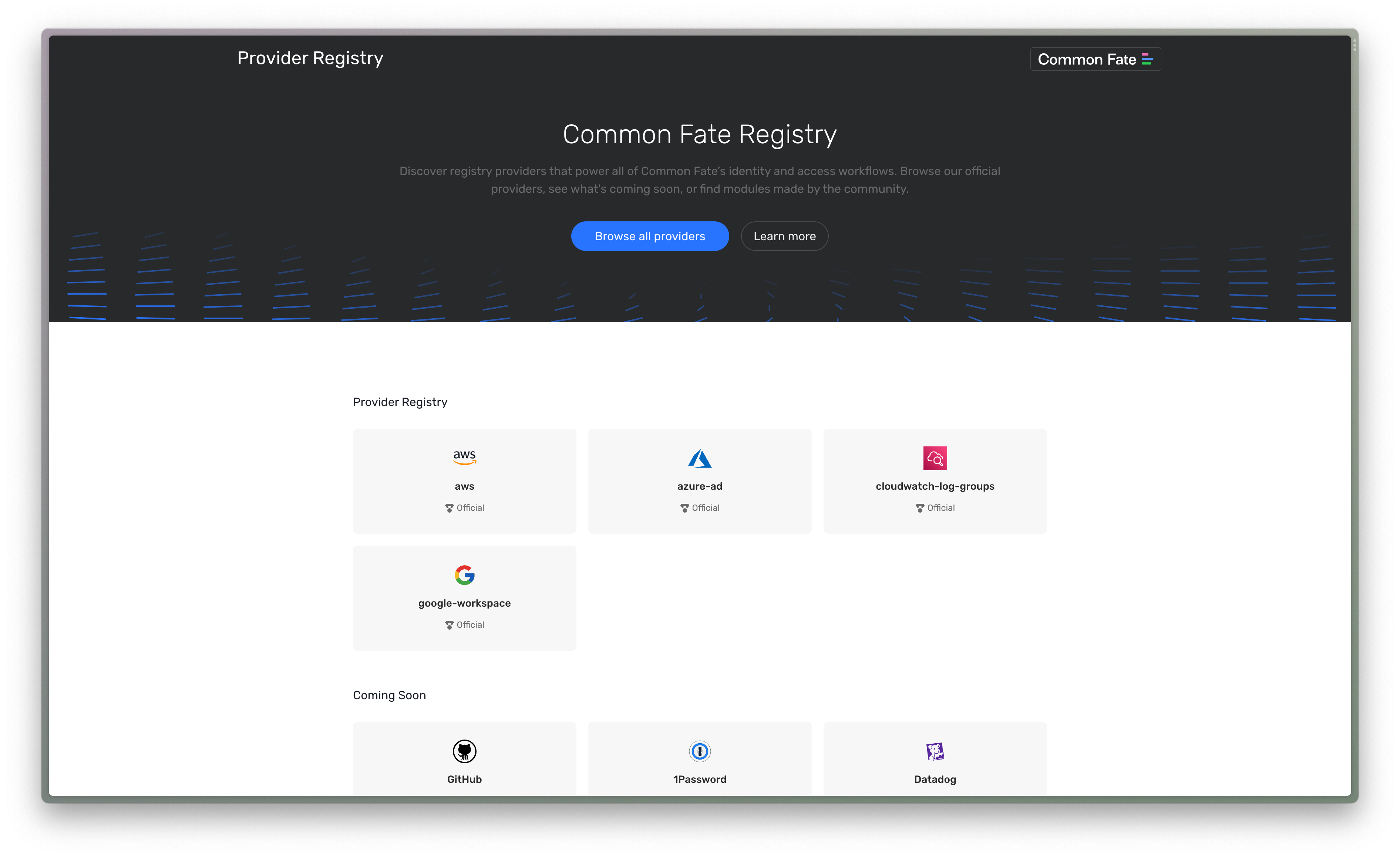 A screenshot of the registry.commonfate.io website, showing the 'aws', 'azure-ad', 'cloudwatch-log-groups', and the 'google-workspace' Access Providers