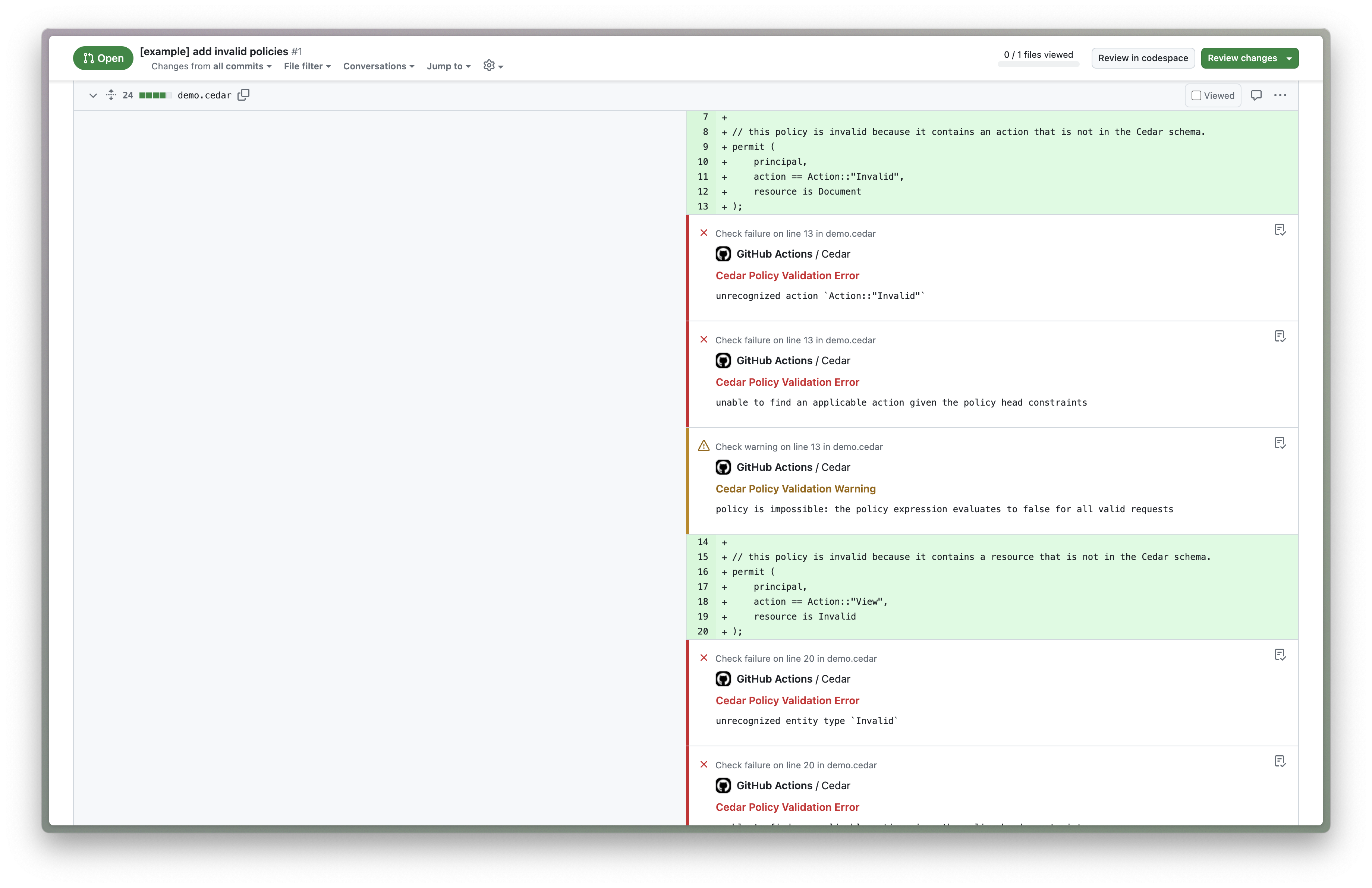 Screenshot of GitHub annotations created by the Cedar Validate action