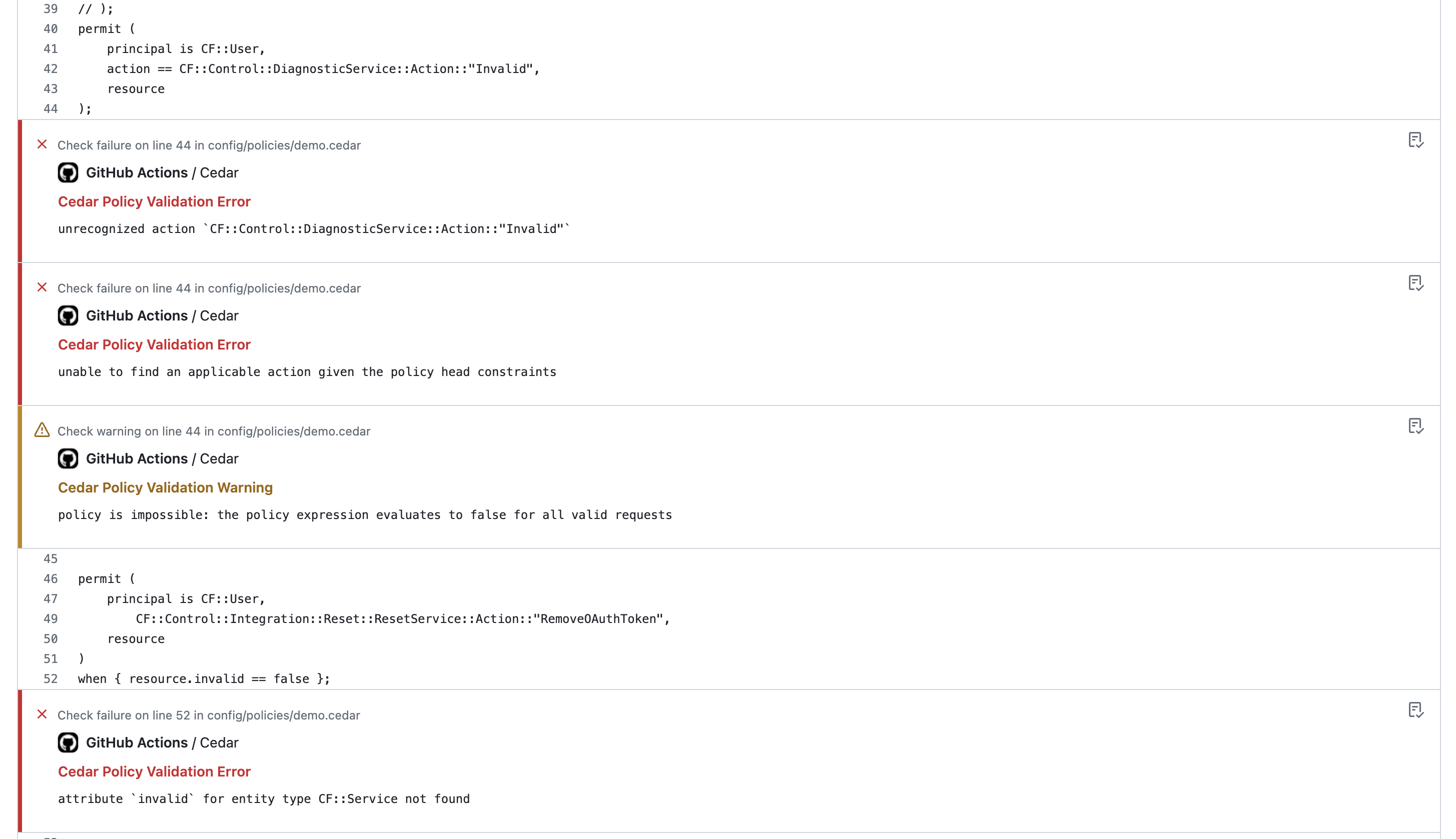 Annotations show issues with Cedar policies inline for easy resolution, before they get deployed.